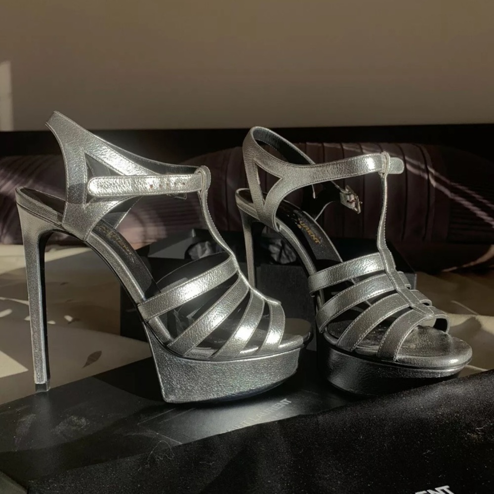 Saint Laurent Paris Metalic T-Strap Platform Heel